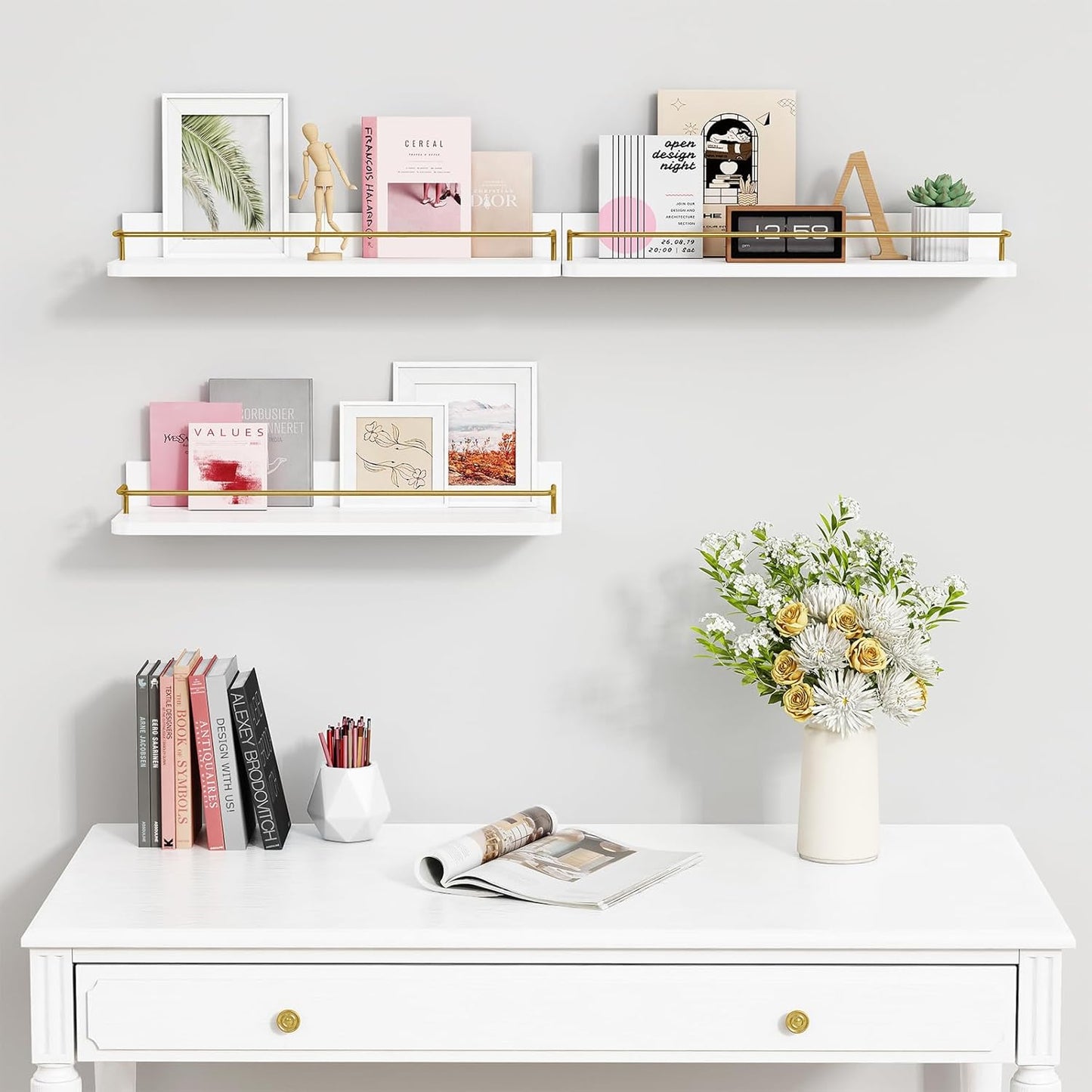 Forbena Gold Floating Shelves for Wall Decor Set of 3, Bathroom Shelves Over Toilet, Modern Display Wall Shelf with Guard Rail for Living Room Bedroom Organizers and Storage - White and Gold