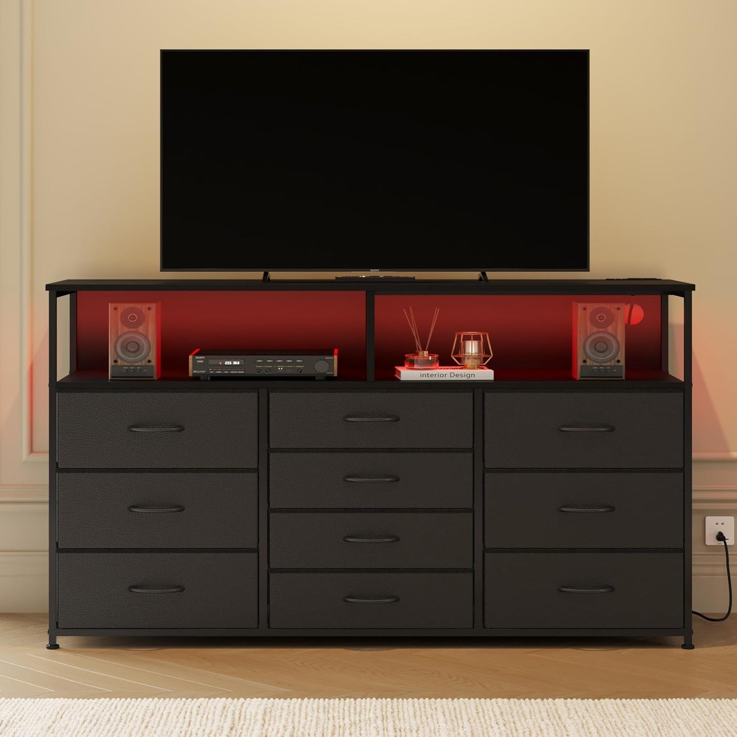 55W 10-Drawers Dresser with 2 Open Storage Shelves, TV Stand Dresser for 55,65 inch TV，with Power Outlets and LED Lights, Fabric Dressers Drawers for Bedroom, Living Room (Black)