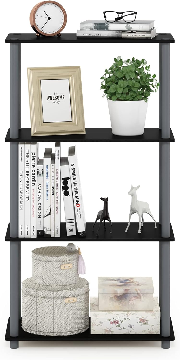 Furinno (99557BK/GY) Turn-N-Tube 4-Tier Multipurpose Shelf Display Rack - Black/Grey