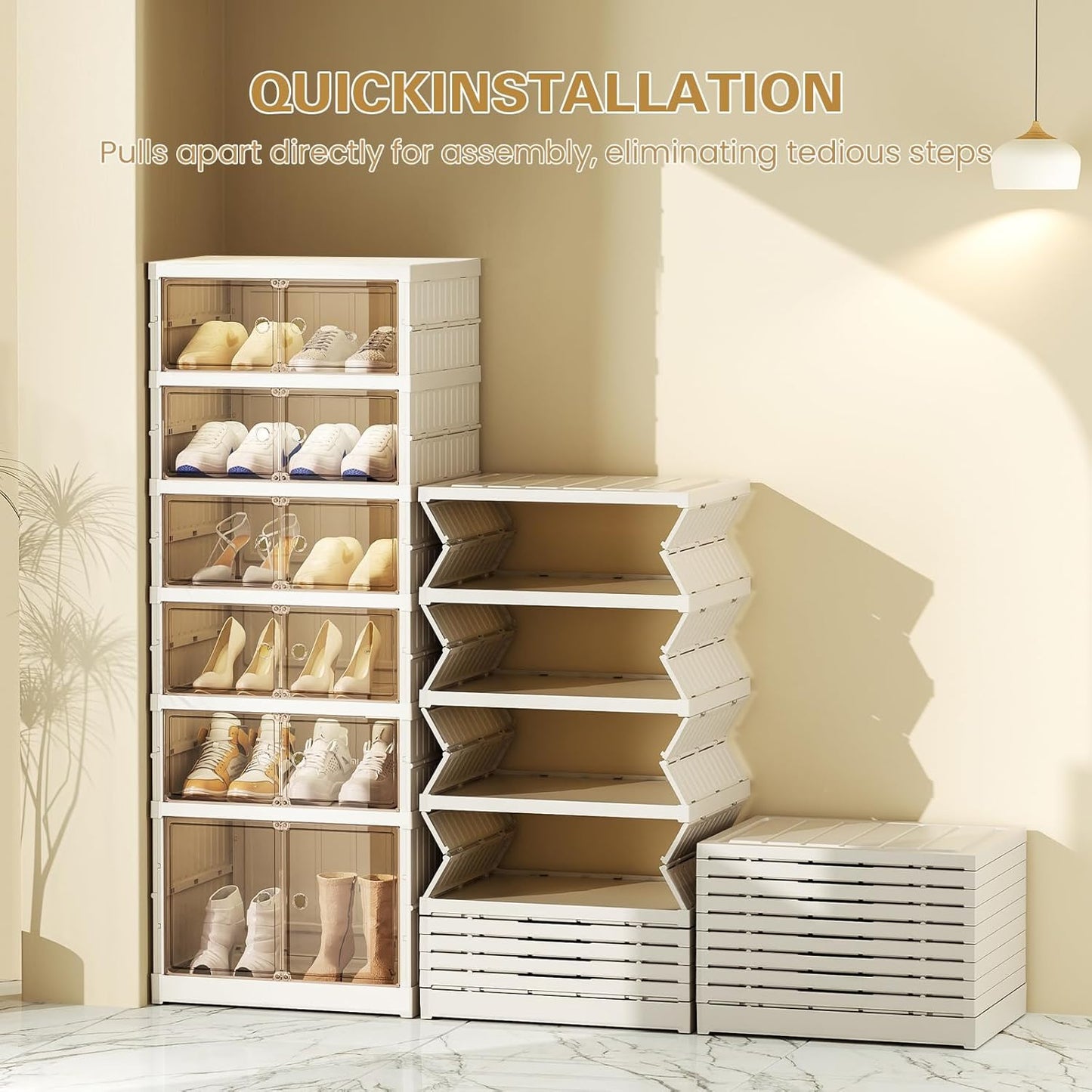 ELPHECO 6 Tier 12 Pairs Foldable Shoe Rack Shoe Organizer with Magnetic Doors, Entryway Folding Shoe Shelf, Easy Assembly Sneaker Cabinet, Plastic Shoe Storage Container Bins