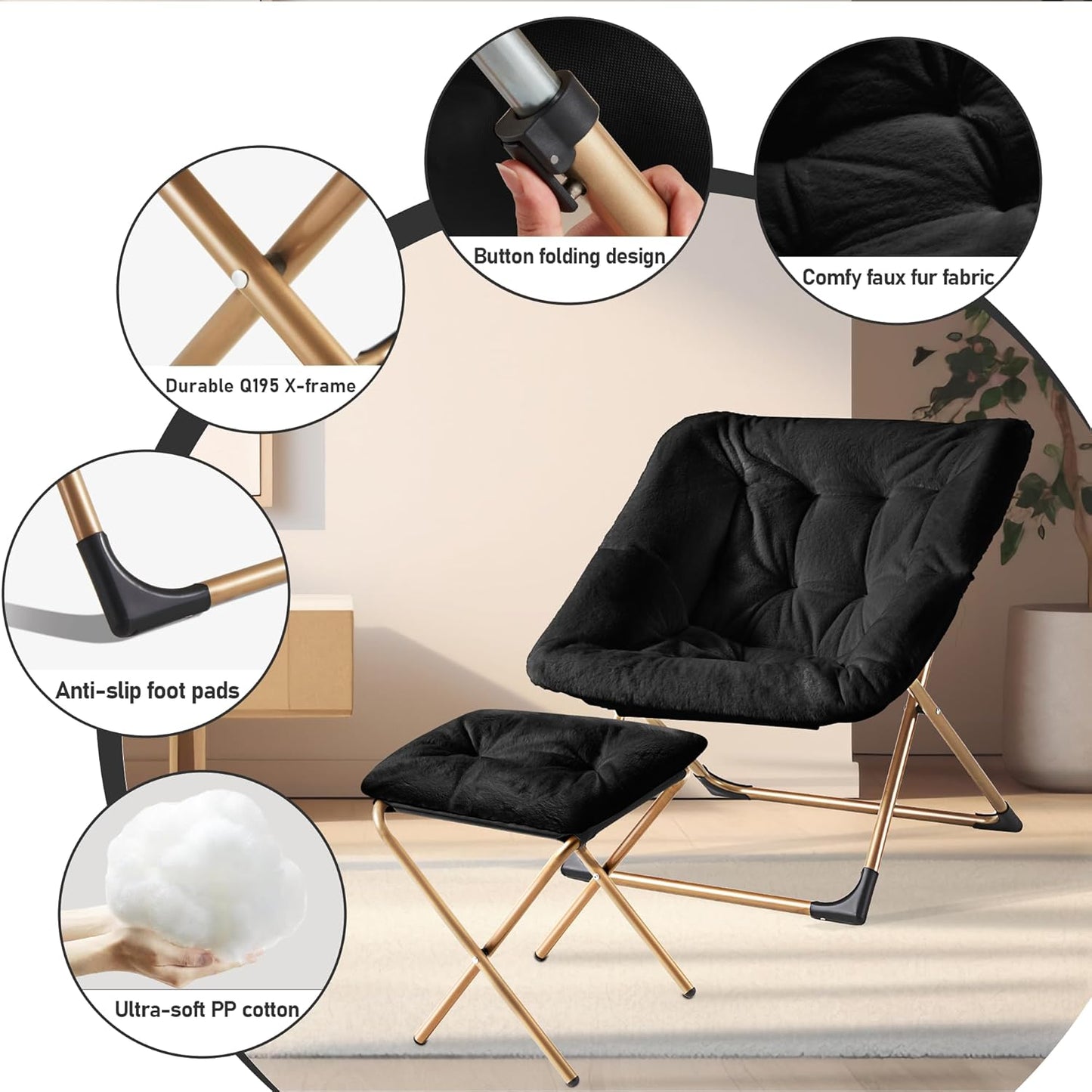 Comfy Oversized Saucer Chair with Ottoman,Soft Faux Fur Reading Lounge Chair for Adults,Stable X-Large Metal Frame and Non-Slip Pad,Cozy Chair for Bedroom, Living Room, Dorm, Office, Black