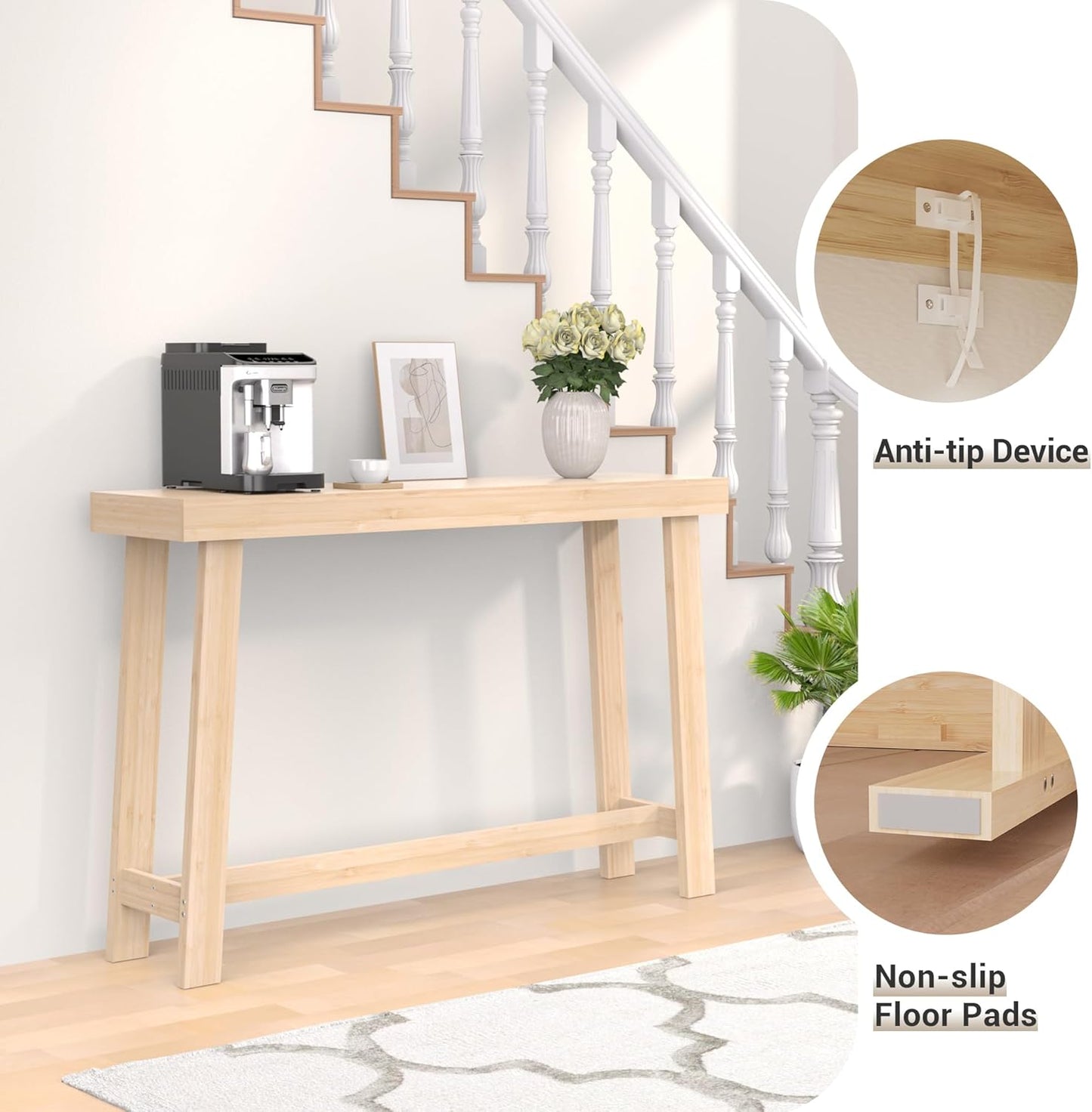 Bamboo Wood Entryway Table 47.2" Console Table, Narrow Sofa Table with Support Beam for Entrance, Hallway, Living Room, Bedroom, Foyer(Natural)