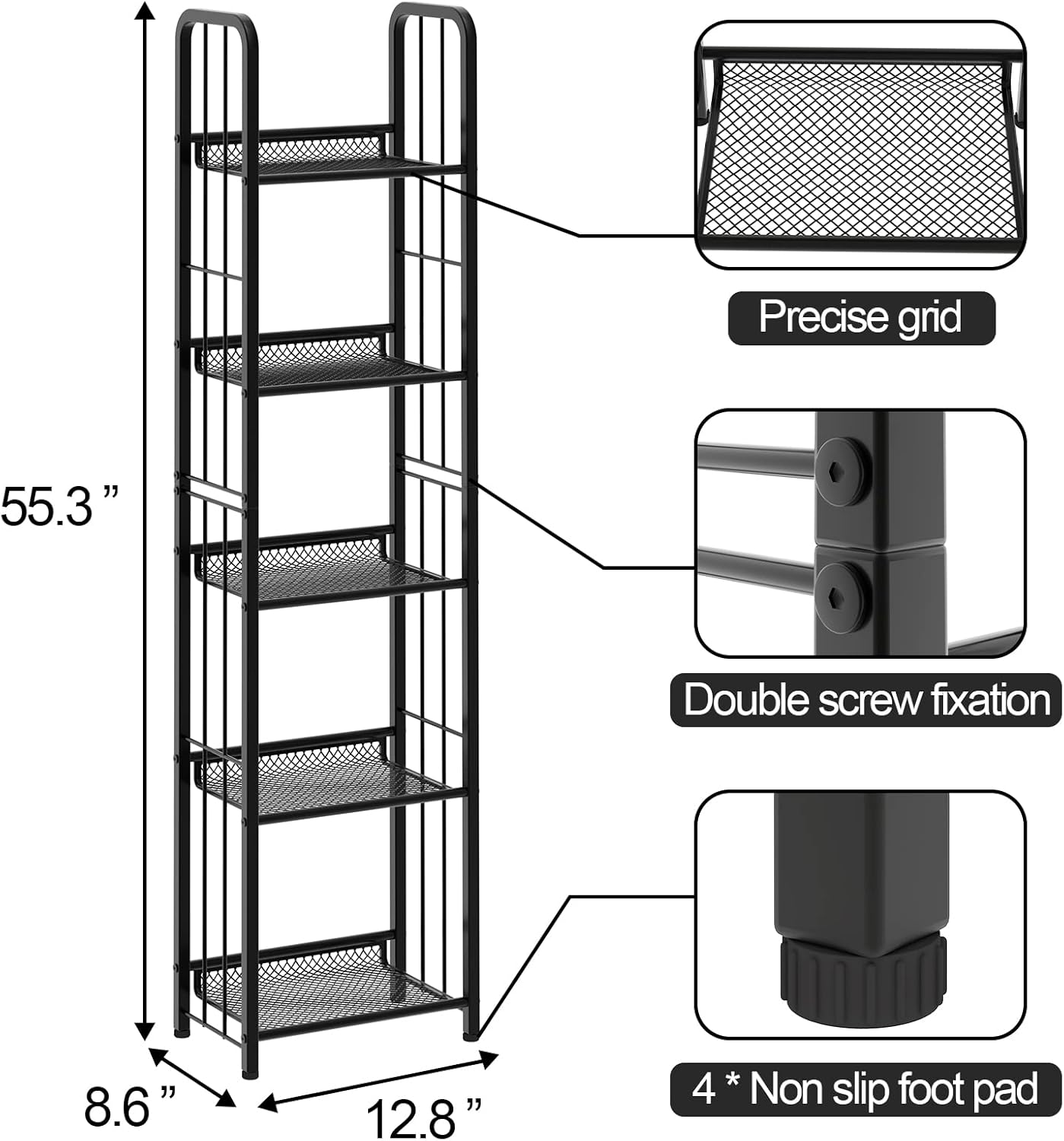 Bookshelf Storage Shelf Bookcase Freestanding Storage Stand for Living Room, Bedroom, Kitchen Rust Resistance Easy Assembly Free Combination Multi-Functional Organizer (5 Tiers, Black)