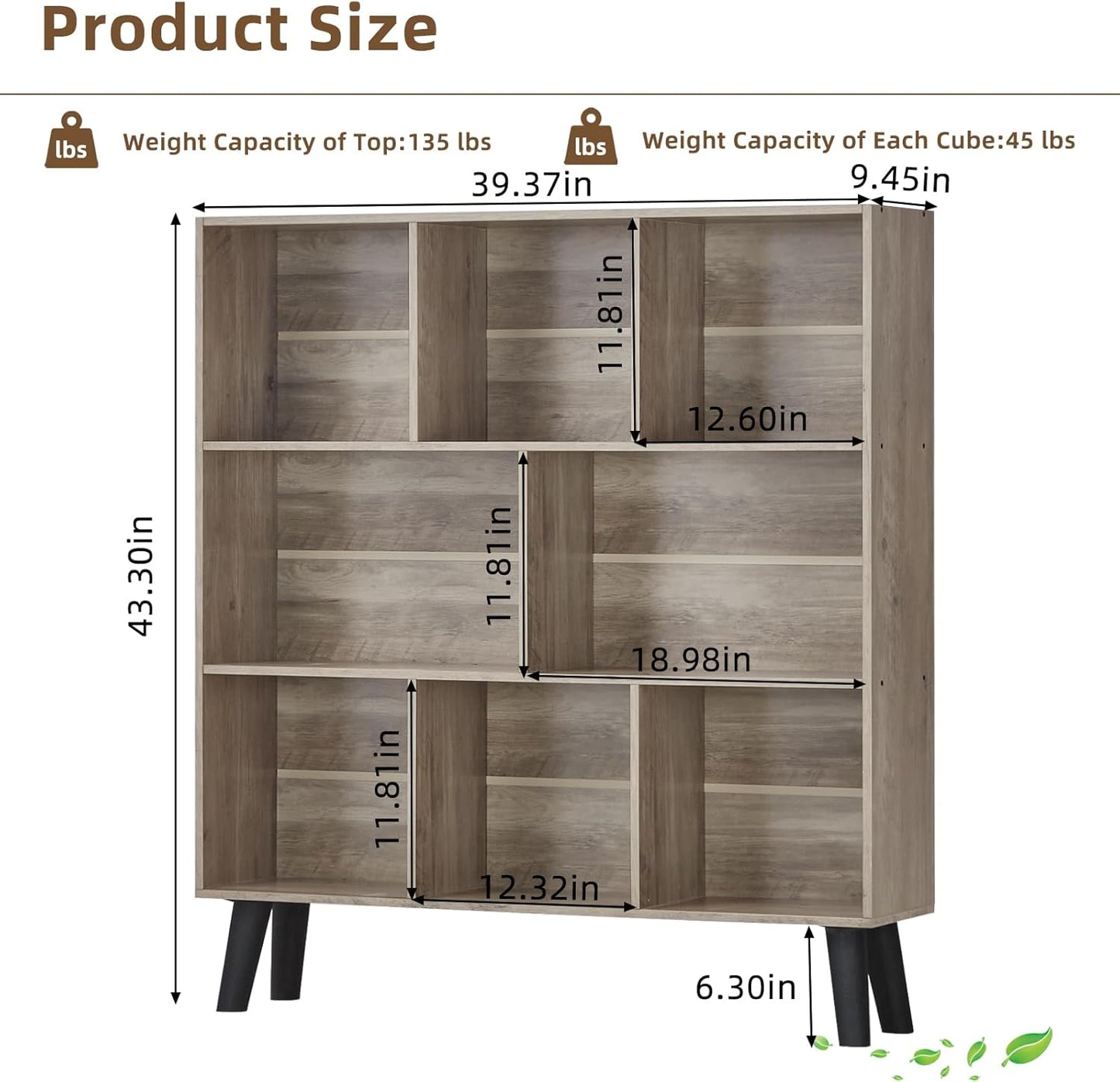 LEYAOYAO 8 Cube Bookshelf,3 Tier Bookcase with Legs,Modern Grey Mid-Century Bookshelves,Large Farmhouse Open Storage Organizer Shelf, Retro Wooden Display Book Case for Bedroom,Living Room,Office