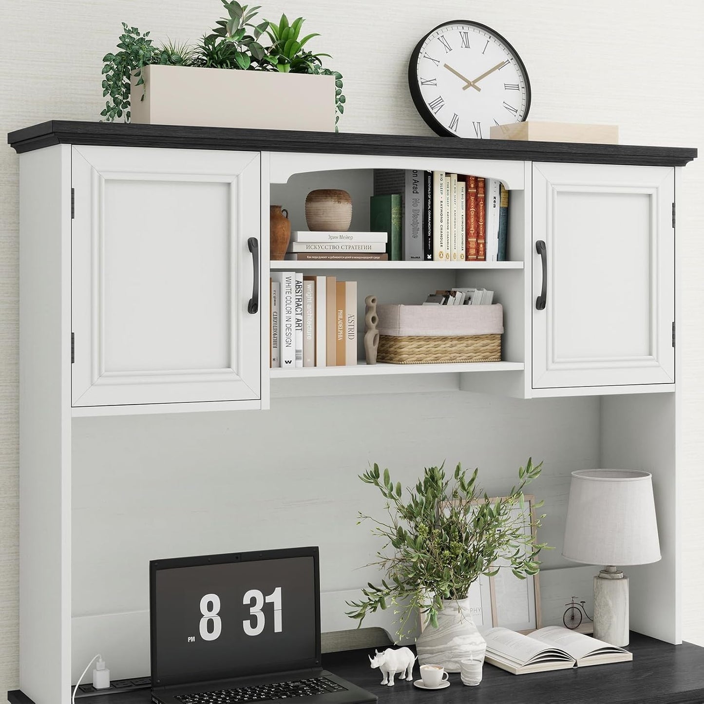 Farmhouse 47" Executive Desk with Hutch, 2 Drawers and LED Light, Computer Desk with Storage Cabinet and Charging Station,Workstation for Home Office and Study.