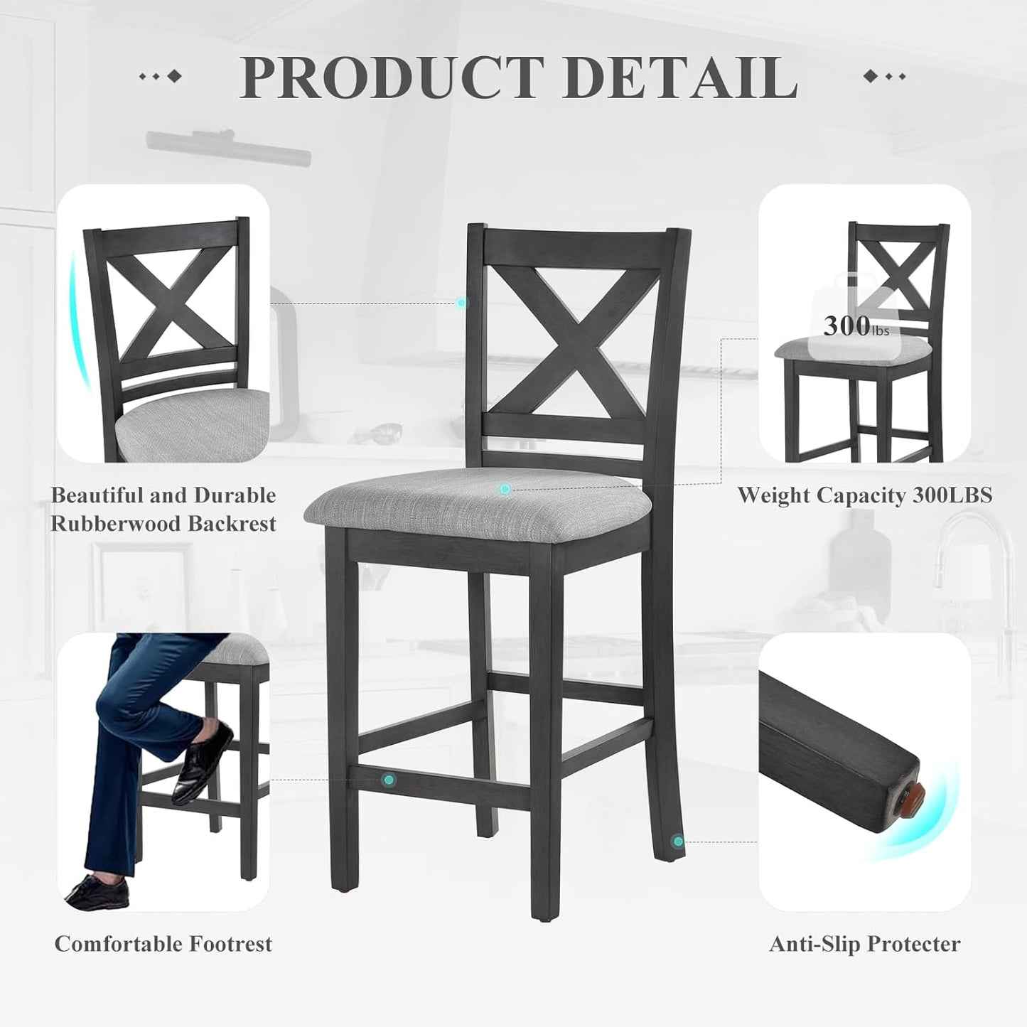 COLAMY Wooden Bar Stools Set of 4, Counter Height Bar Stools, Mid Century Modern Bar Stools with Backs, 25 Inch Upholstered Fabric Wooden Barstools for Kitchen Island Dining Room Bar, Dark Grey