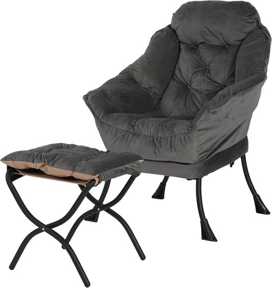 Lazy Chair with Folding Ottoman, Living Room Accent Contemporary Lounge Chair, Single Steel Frame Leisure Sofa with Armrests and Side Pocket (Dark Gray)