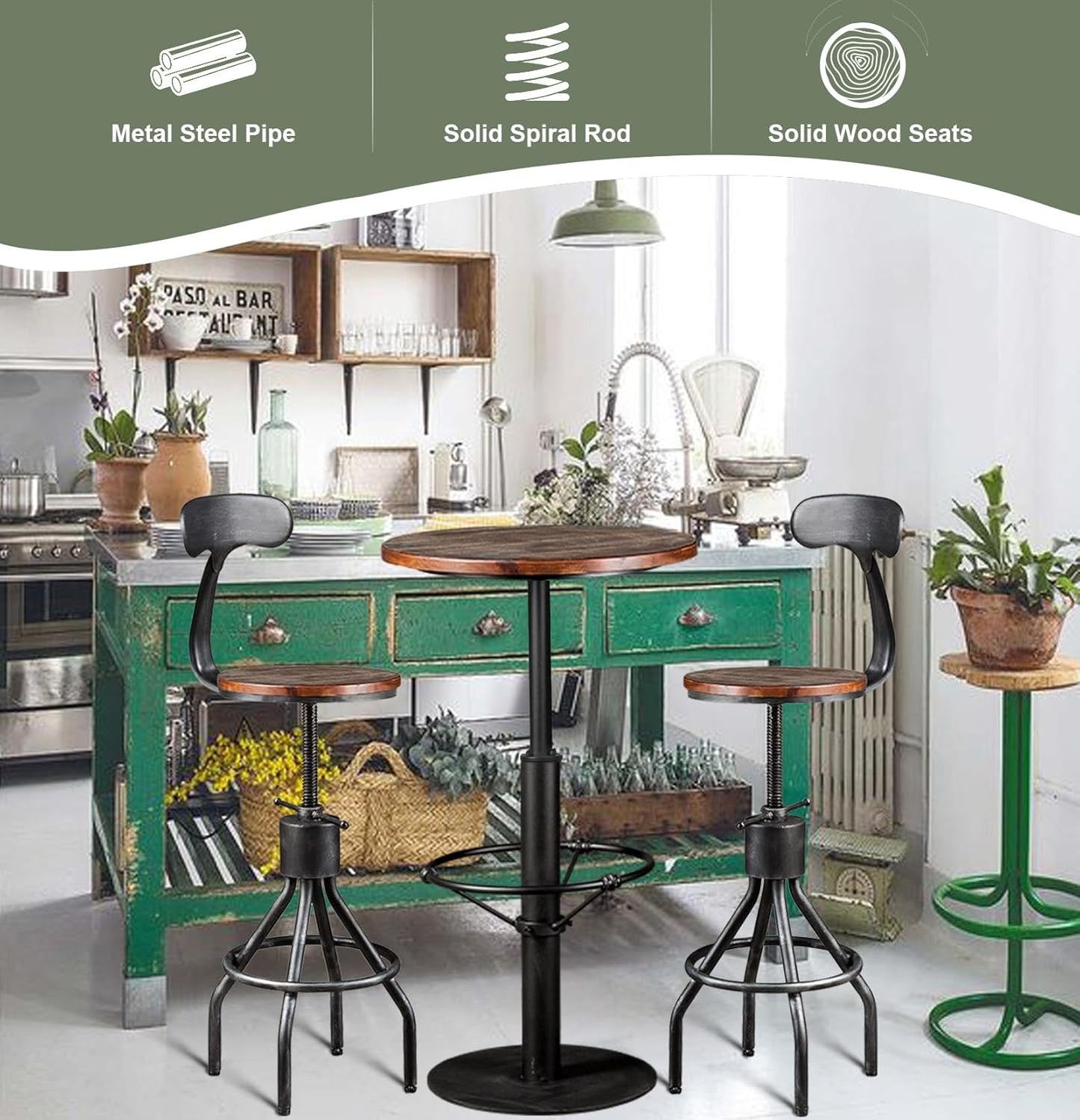 LOKKHAN Set of 2 Rustic Industrial Bar Stool-24-30 Tall Adjustable Metal Swivel Wooden Top Barstools-Counter Height Bar Height-Vintage Farmhouse Kitchen Breakfast Cafe Stool-with Backrest