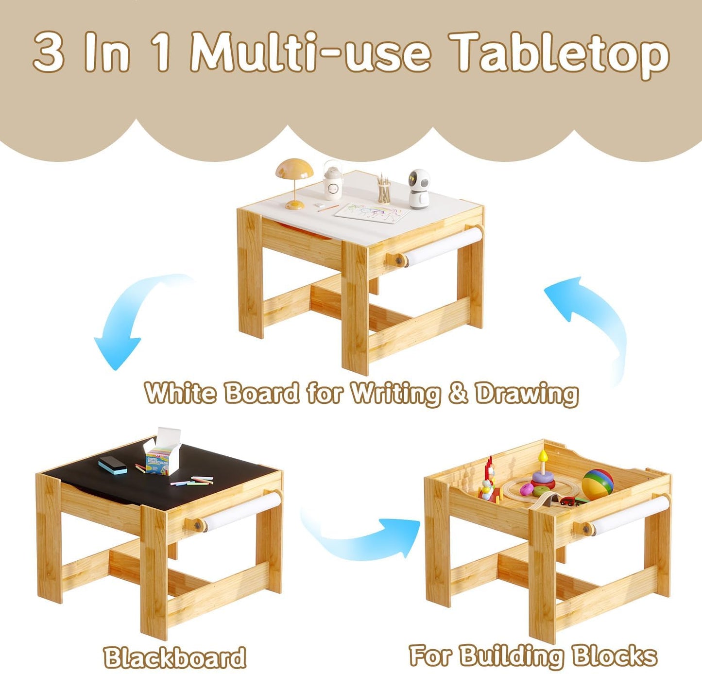 Pinewood Kids Table and Chair Set, 3 in 1 Toddlers Wooden Art Activity Table Desk with Chairs and Storage, Children Removable Tabletop, Blackboard, Natural