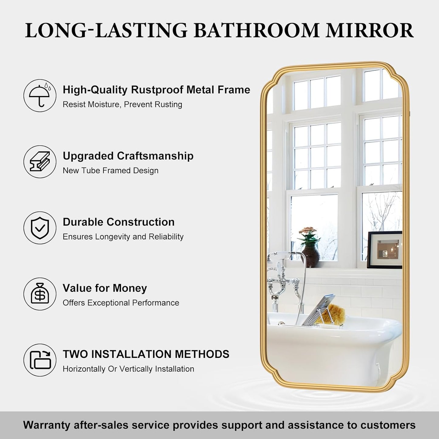 Gold Wall Mirror 48 x 24 Inch Bathroom Vanity Mirror for Over Sink Modern Rounded Corner Rectangle Wall Mirror Decorative with Non-Rusting Iron Metal Framed (Horizontal/Vertical)