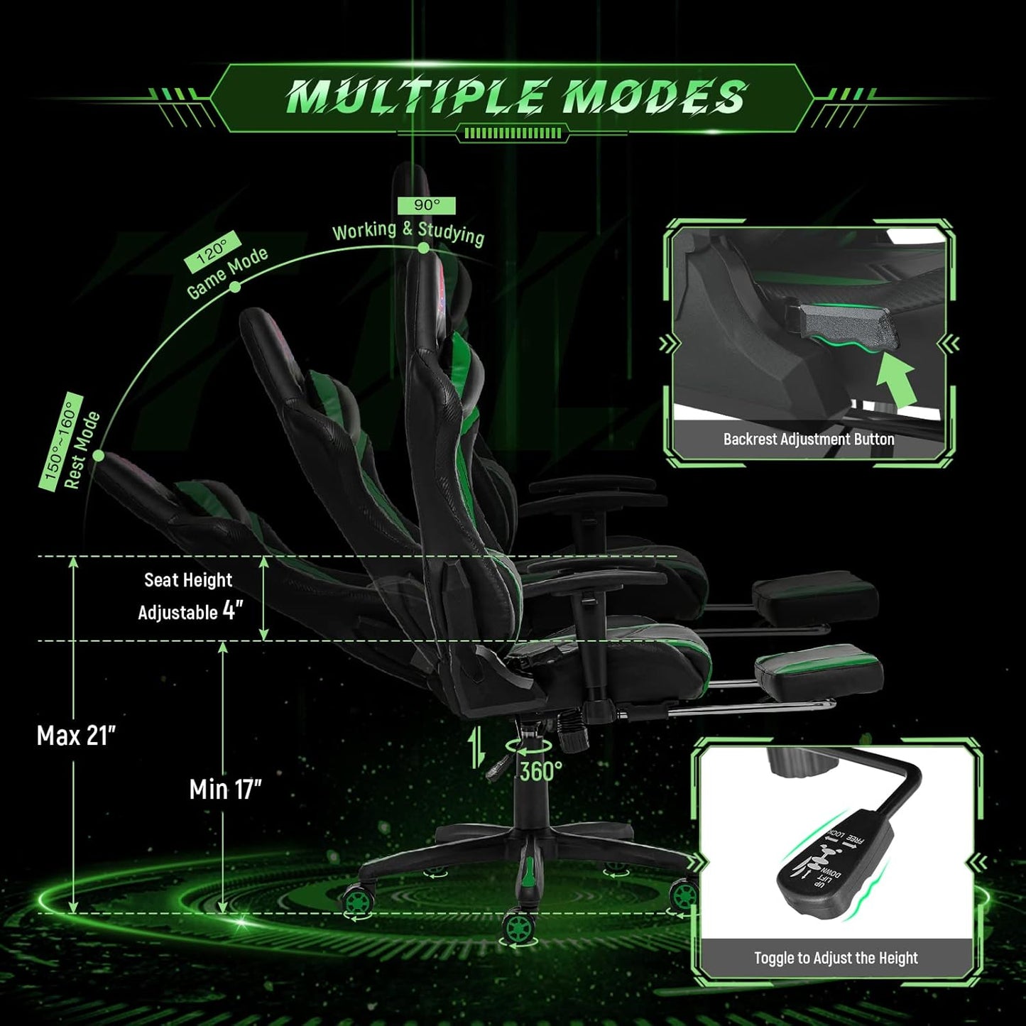 AA Products Gaming Chair High Back Ergonomic Computer Racing Adjustable Gamer Chair with Footrest, Lumbar Support Swivel Chair – Blackgreen