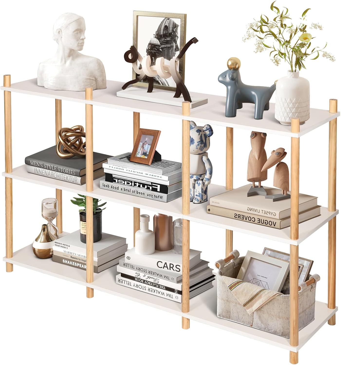 YGYQZ 3 Tier Short Book Shelf, Wood Shelves with Open Back Long Horizontal 6 Cube Storage Shelf Book Shelves for Office, Living Room, Bedroom, Rustic Shelf (White)