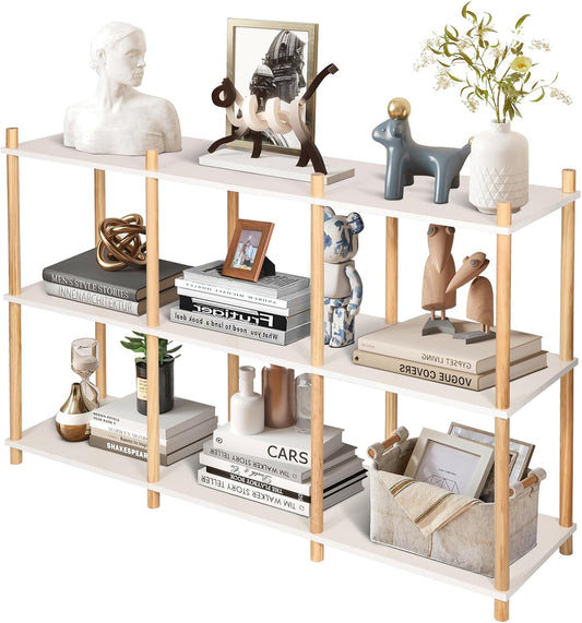 YGYQZ 3 Tier Short Book Shelf, Wood Shelves with Open Back Long Horizontal 6 Cube Storage Shelf Book Shelves for Office, Living Room, Bedroom, Rustic Shelf (White)