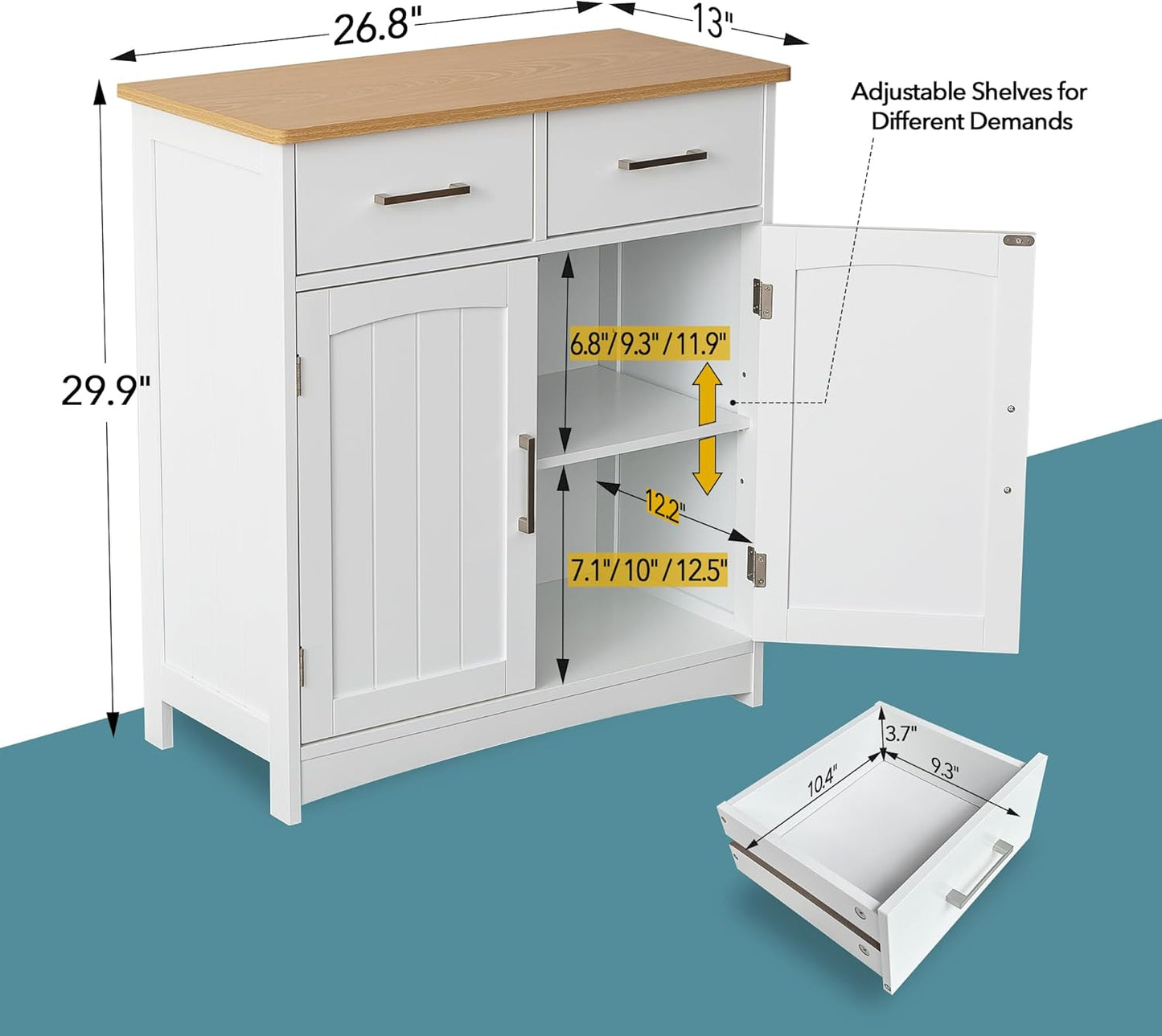 Buffet Cabinet with Storage, Coffee Bar Cabinet 26 x 30 Inches, Oak Top Sideboard Cabinet, Matte White Finish, Anti-Fall Drawers, Arched Doors, Adjustable Shelves
