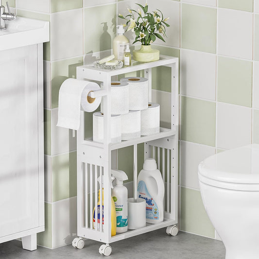 AmazerBath White Toilet Paper Holder Storage - 3 Tier Bamboo Mobile Storage Shelf, Small Bathroom Rolling Storage Cabinet Corner, Thin Shelf for Narrow Spaces on Wheels, Slim Bathroom Organizer, White