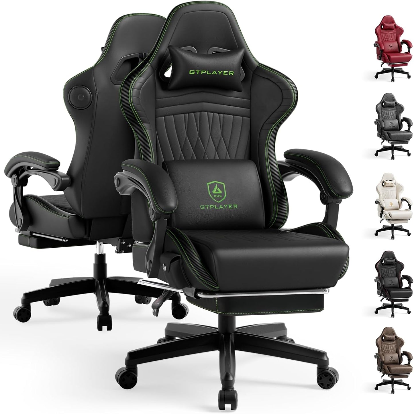 GTPLAYER ACE-PRO Music Gaming Chairs – Built-in Speakers, App Support & Bluetooth Control, Footrest & Pocket, Gamer Chair for Adults, Black & Green Stitch