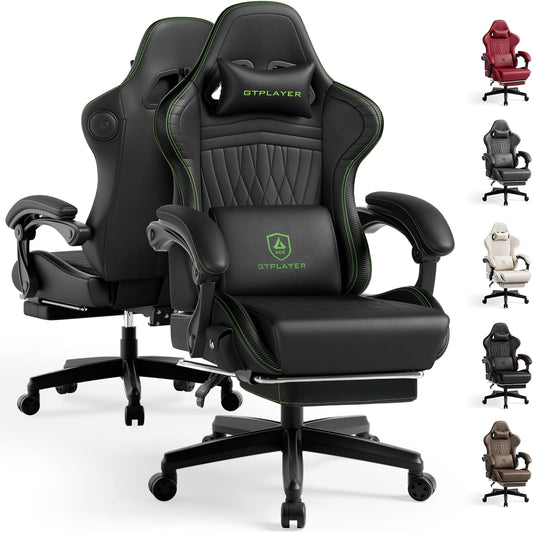 GTPLAYER ACE-PRO Music Gaming Chairs – Built-in Speakers, App Support & Bluetooth Control, Footrest & Pocket, Gamer Chair for Adults, Black & Green Stitch