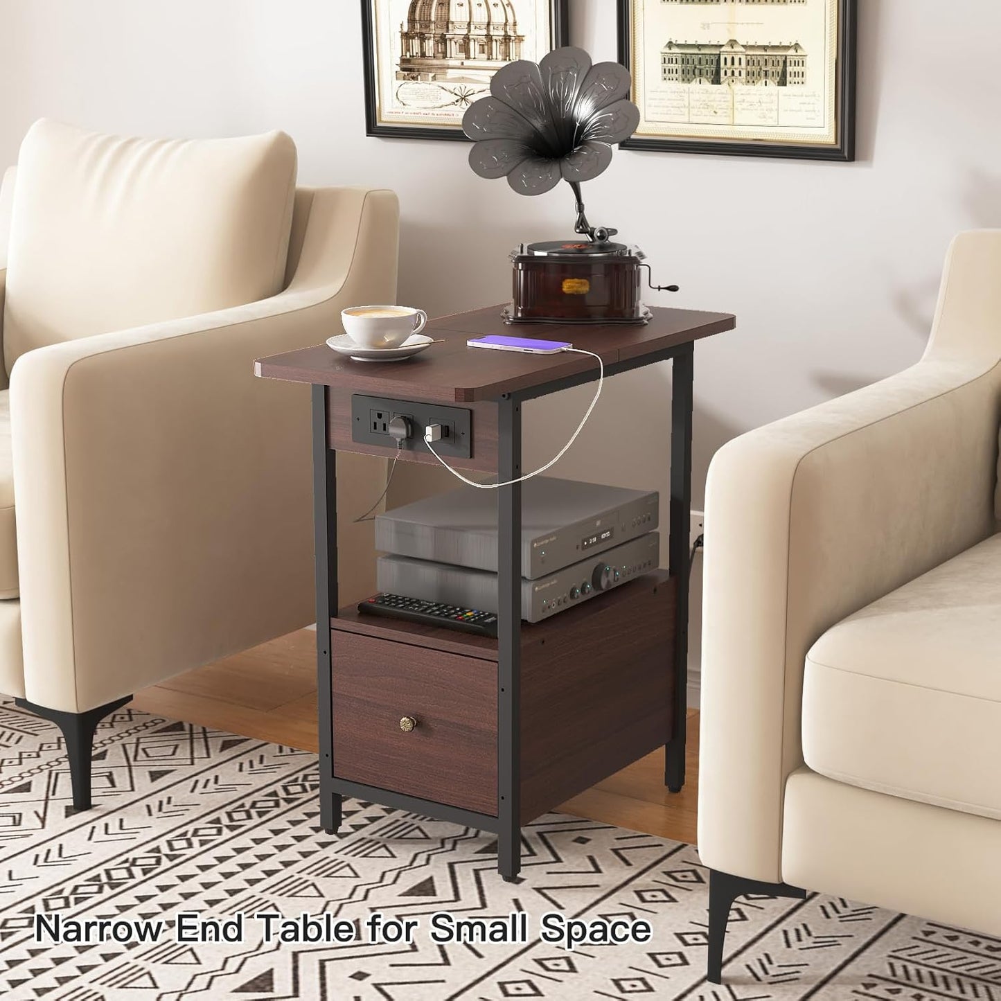 LIDYUK End Table with Charging Station, Narrow Side Table with Drawer and USB Ports & Power Outlets, Nightstand Bedside Tables for Small Spaces, Bedroom, Living Room, Dark Cherry