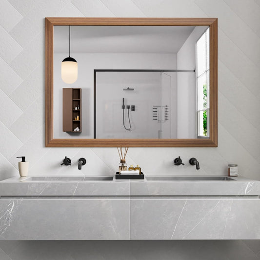 Amorho Bathroom Mirror, 48 X36 Inch Wall Mirror, Walnut Wood Grain Metal Framed, Anti-Rust, Hang Horizontally/Vertically, Suitable for Vanity, Bedroom, Farmhouse, Bathroom
