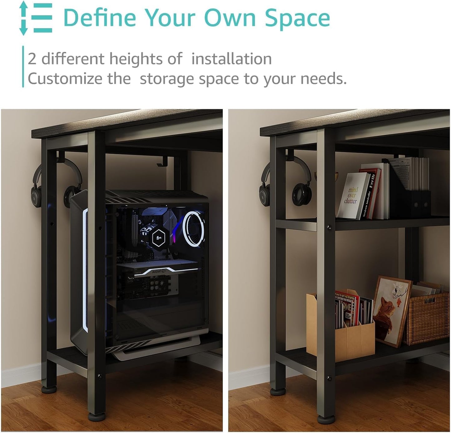 Lufeiya Black Gaming Desk with LED Lights and Power Outlets, 47 inch Computer Desk with Fabric Drawers and Storage Shelves, Home Office Desk with Monitor Stand, Black