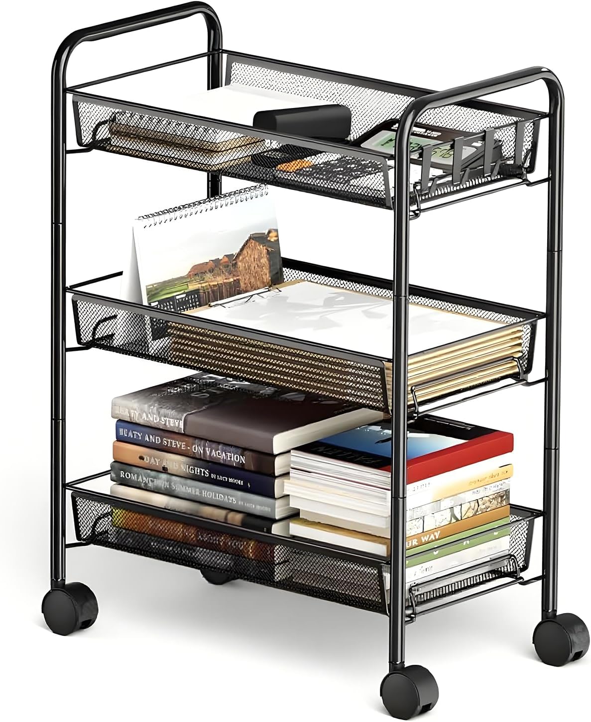 3 Tier Rolling Cart, Mesh Wire Utility Carts, Metal Storage Shelf with Wheels & 4 Side Hooks, for Laundry Room Organization, Kitchen, Living Room, Bathroom, Pantry, Dorm & Under Desk Storage