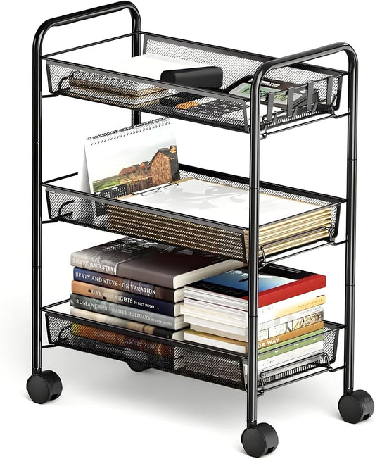 3 Tier Rolling Cart, Mesh Wire Utility Carts, Metal Storage Shelf with Wheels & 4 Side Hooks, for Laundry Room Organization, Kitchen, Living Room, Bathroom, Pantry, Dorm & Under Desk Storage