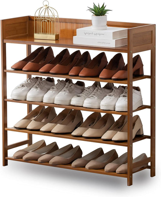 Shoe Rack Organizer, 5 Tier Bamboo Shoe Rack for Entryway, Front Door for Entryway,Closet and Bedroom Storage, Shoe Shelf（Brown）