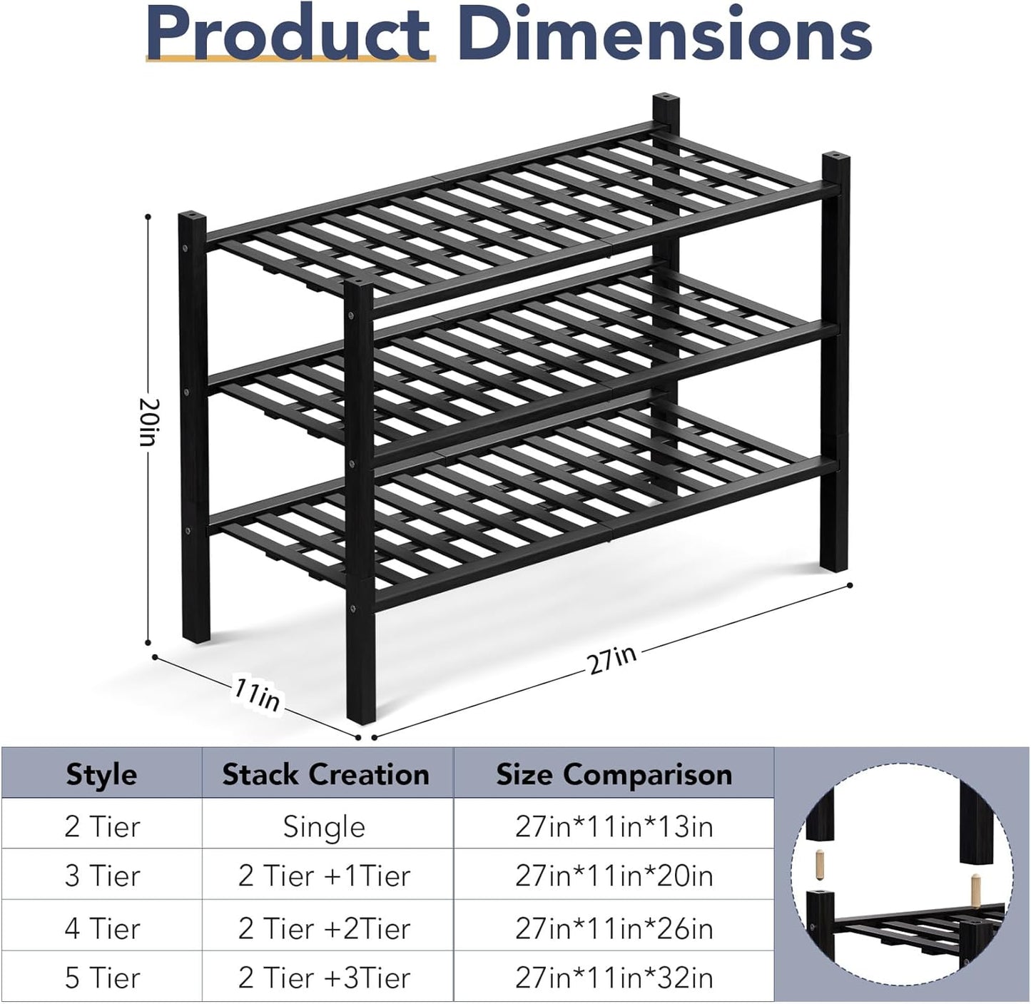 Haddockway 3 Tier Bamboo Shoe Rack Storage Organizer, Multifunctional Free Standing Stackable Shoe Shelf with Grid Panel for Closet,Hallway,Entryway,Small Space 27"x11"x20" (Black, 3 Tier)