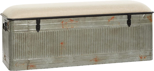 Deco 79 Metal Room Storage Bench Galvanized Entryway Bench with Cream Burlap Top, Bench 50" x 16" x 18", Gray