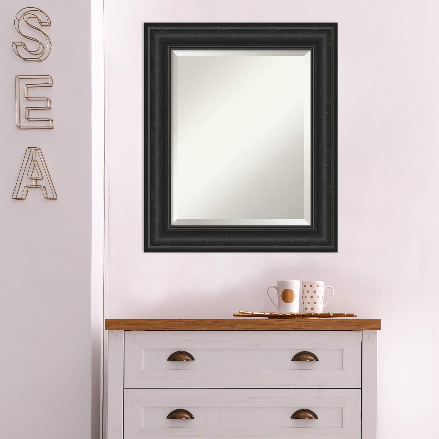 Amanti Art Black Bathroom Mirror for Over Sink, 26x22 Shipwreck Black Rectangle Vanity Mirror, Small Rustic Farmhouse Frame, Hangs Horizonally and Vertically, Bathroom Wall Decor, Beveled Edge