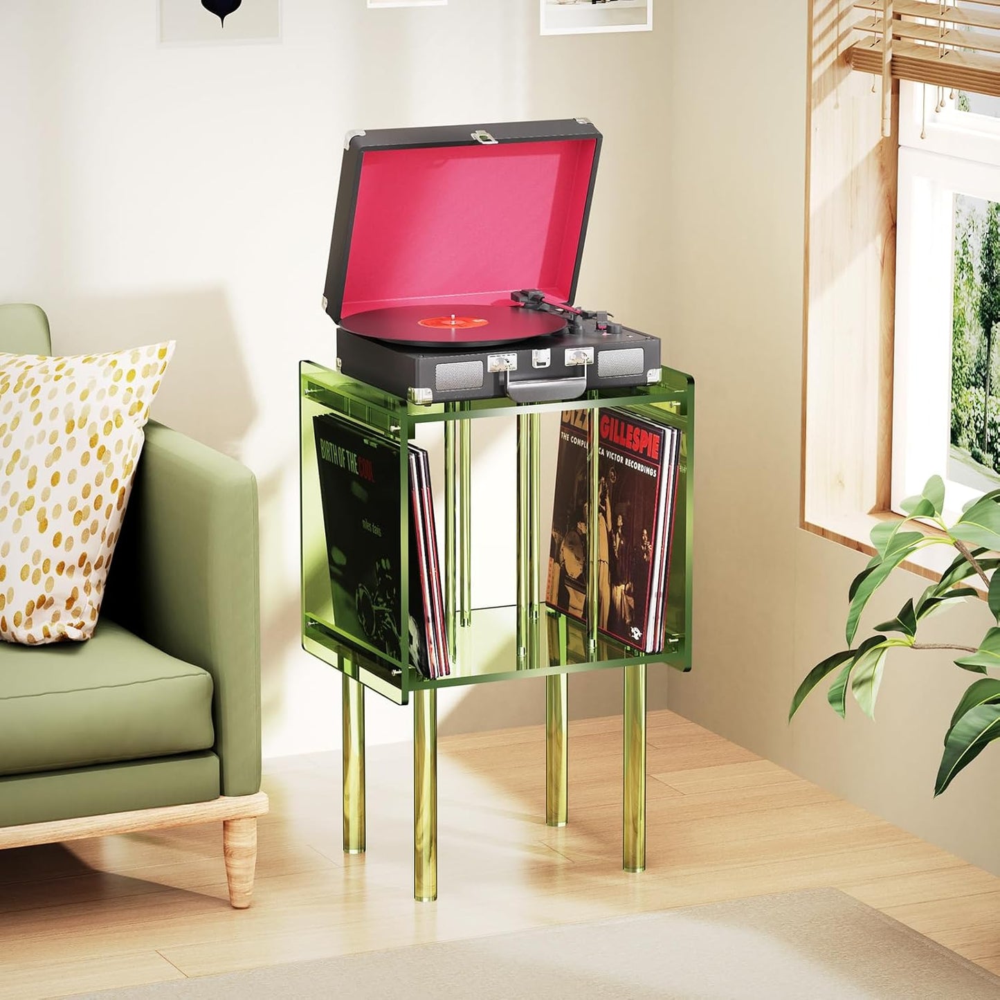 Acrylic Record Player Stand, with Vinyl Storage, Clear Acrylic Side Table, Pink (Green)
