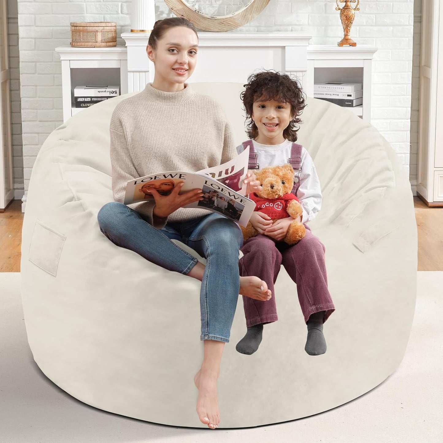 3FT Bean Bag Chair, Comfy Bean Bag Chairs with Memory Foam Filled, Fluffy Beanbag Sofa with Dutch Velvet Cover, Round BeanBag Chairs for Living Room, Playroom - Beige