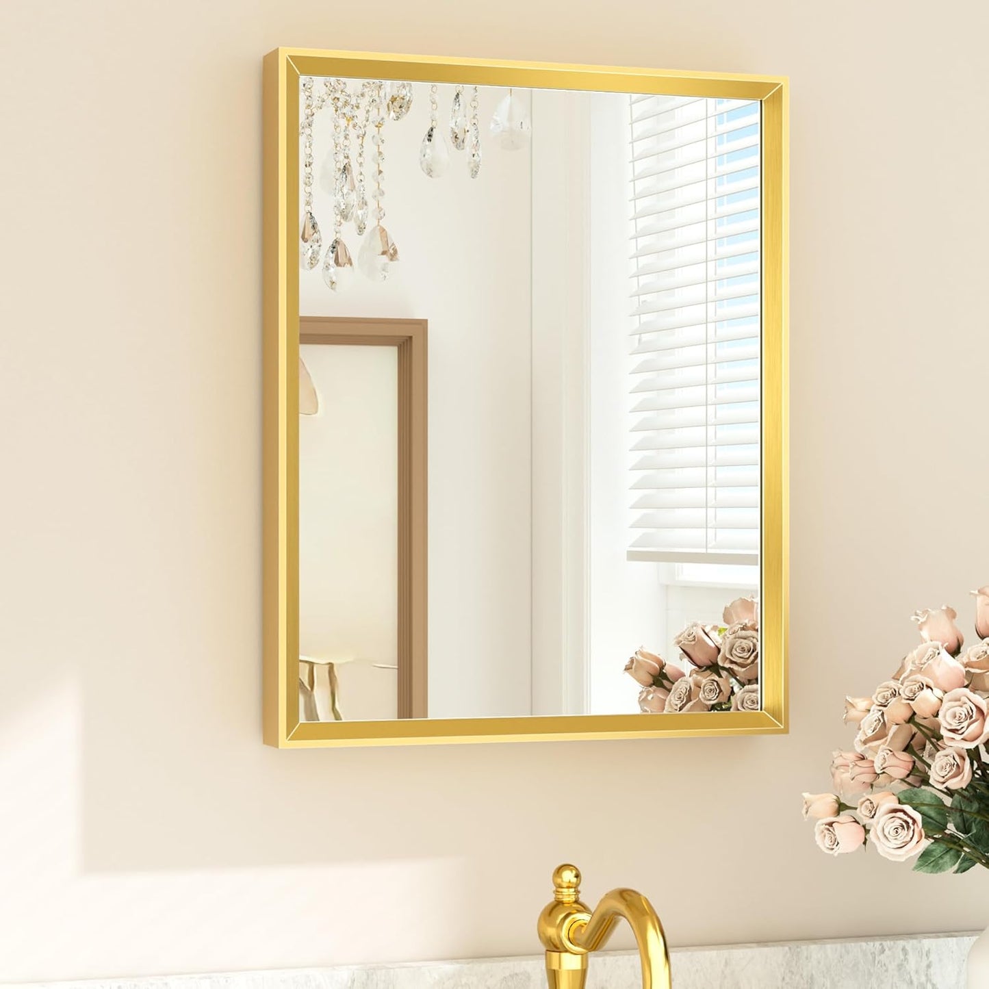 TETOTE Gold Bathroom Mirror 16" x 20" Brushed Gold Brass Rectangle Beveled Framed Bathroom Vanity Mirror for Over Sink, Tempered Glass, Shatterproof, Modern Farmhouse Bedroom, Entryway, Living Room
