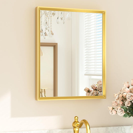 TETOTE Gold Bathroom Mirror 16" x 20" Brushed Gold Brass Rectangle Beveled Framed Bathroom Vanity Mirror for Over Sink, Tempered Glass, Shatterproof, Modern Farmhouse Bedroom, Entryway, Living Room