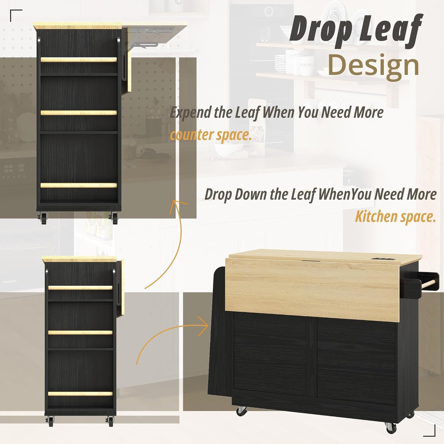 IRONCK Kitchen Island Cart with Storage, Rolling Kitchen Table with Power Outlet, Storage Cabinets on Wheels with Drop Leaf, Portable for Dining Room, Black