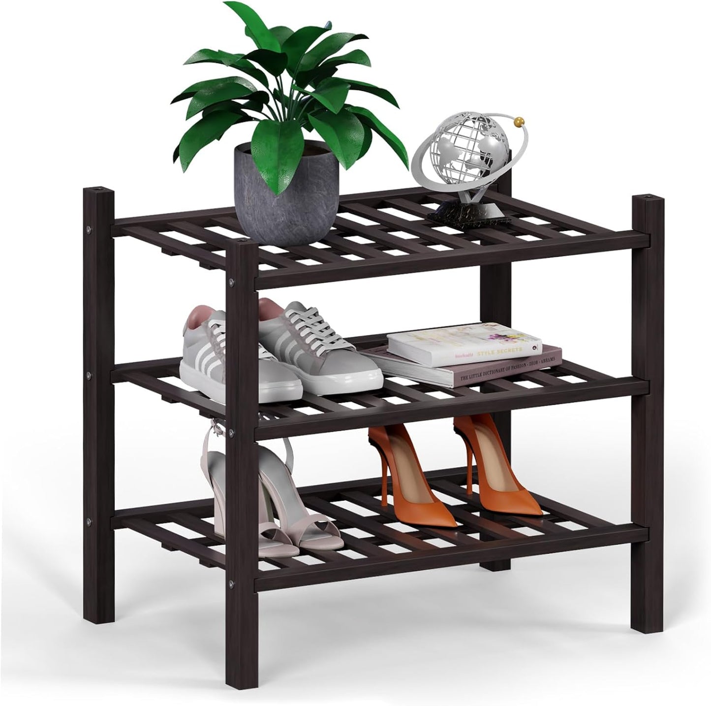 Haddockway small 3 Tier Bamboo Shoe Rack Storage Organizer, Multifunctional Free Standing Stackable Shoe Shelf with Grid Panel for Closet,Hallway,Entryway,Small Space 18"x11"x17"(Brown, 3-Tier(Small))