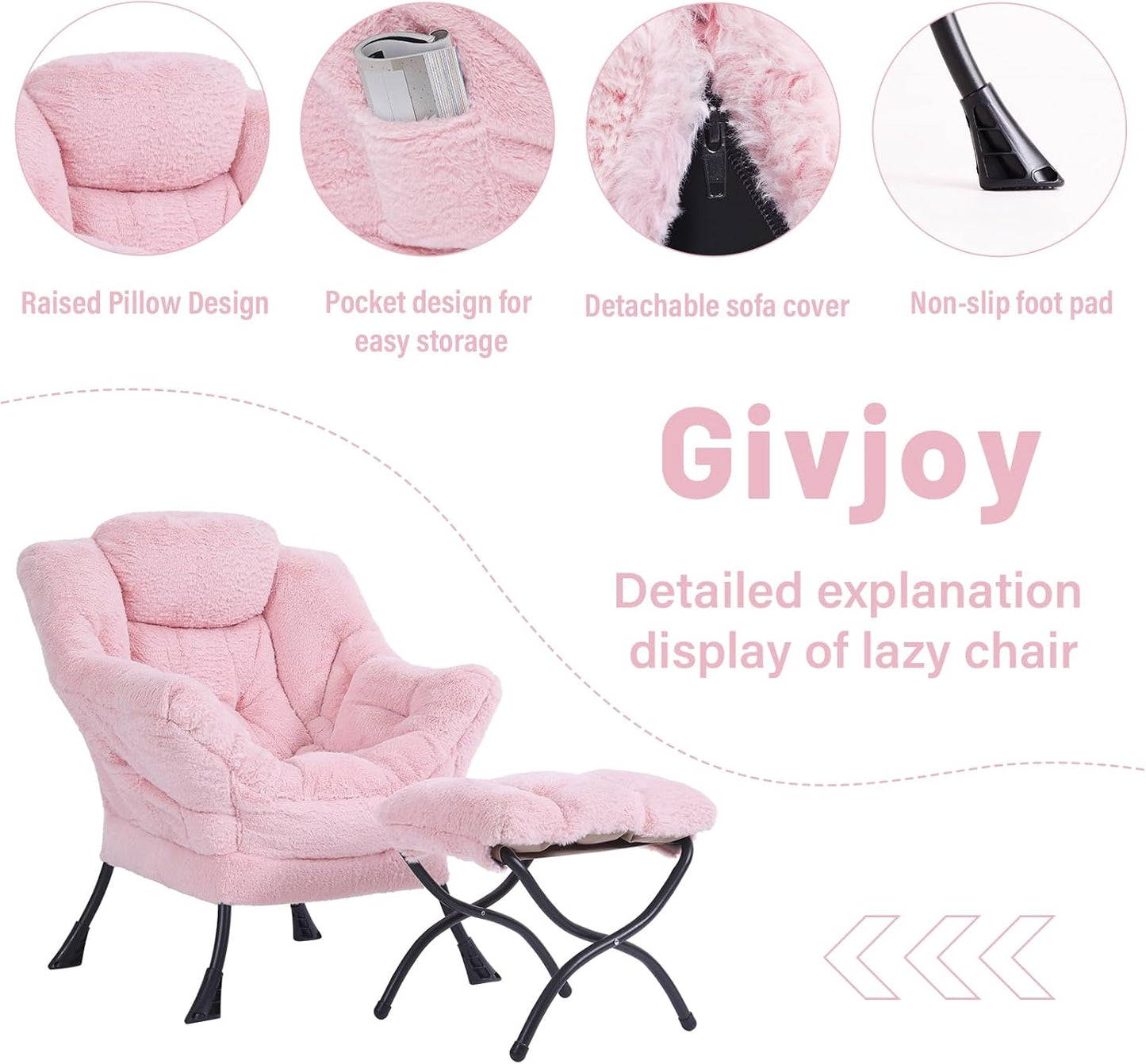 Plush Lazy Chair and Ottoman, Large Contemporary Accent Lounge Chair with Armrests and a Side Pocket, Modern Leisure Upholstered Sofa Reading Armchair with Footrest for Bedroom, Living Room