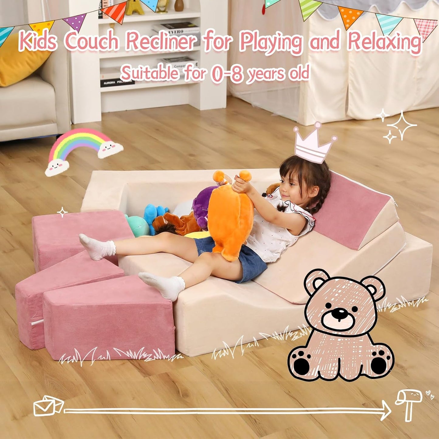 Modular Kids Play Couch, Kids Sofa Toddler Couch, Foam Play Set with Recliner, Toddler Sofa for Creative Boys & Girls, Convertible Foam Climbing Blocks