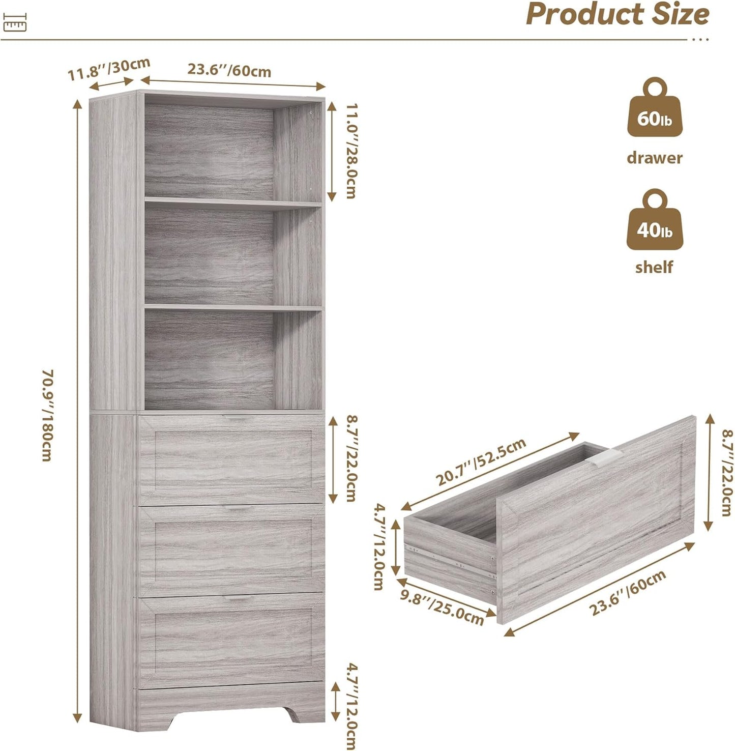 71'' Tall Bookshelf with Drawers,6 Tier Wooden Bookcase Storage Organizer,Freestanding Display Cabinet with Adjustable Shelves for Living Room, Bedroom