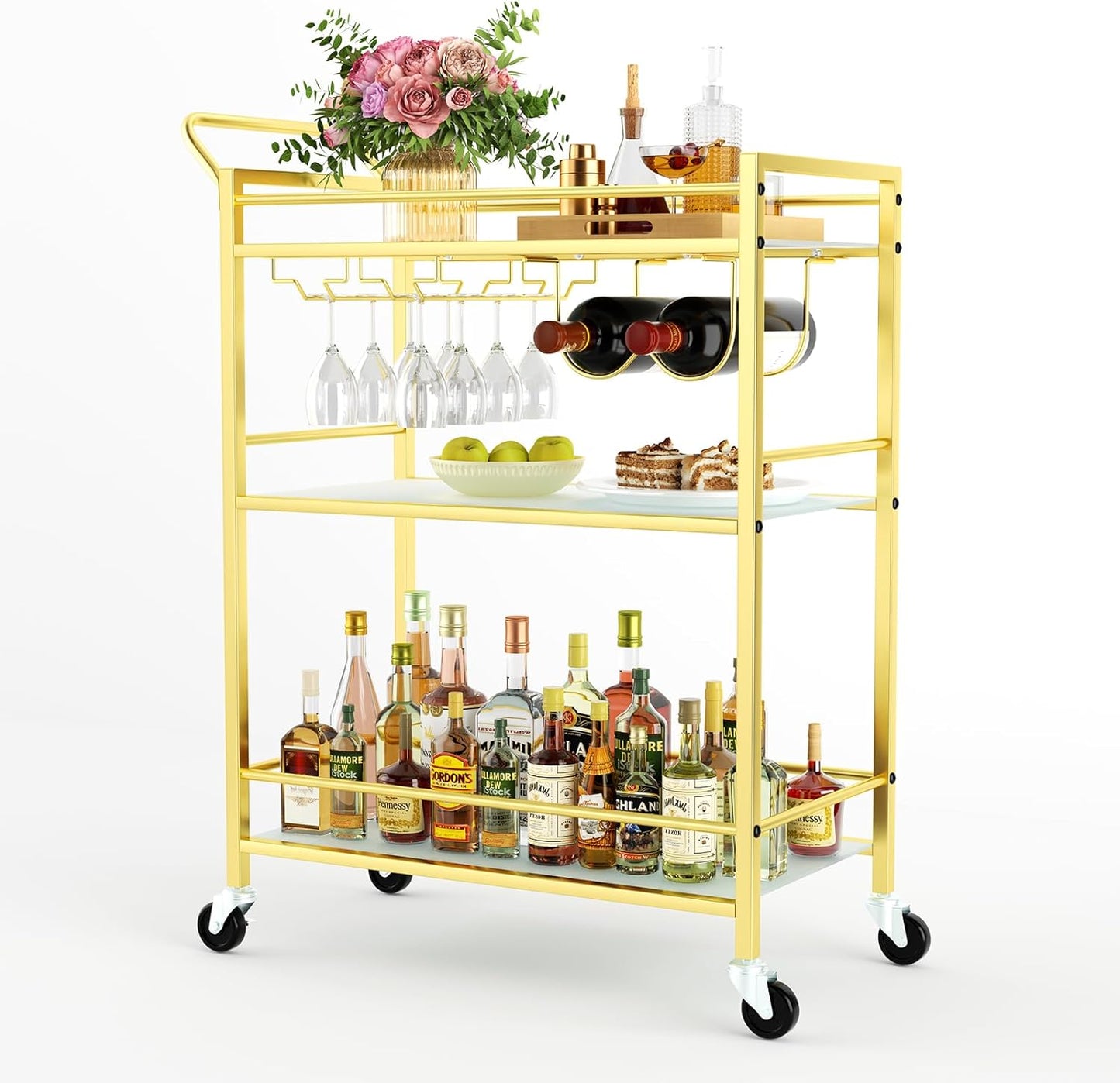Gold Bar Cart, Serving Cart for Home, Rolling Beverage Cart with Wheels, Wine Cart, 3-Tier Drink Carts with Wine Rack, Glass Holder, Stylish Glass Shelf, for Kitchen, Living Room