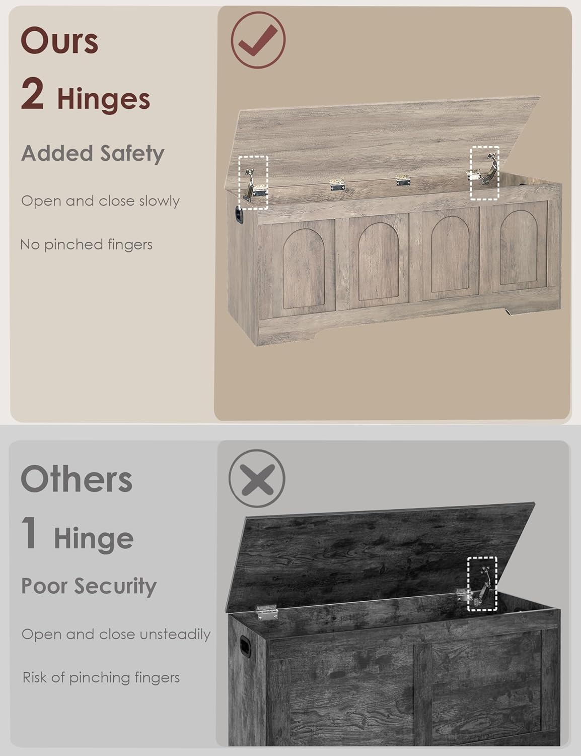 DINZI LVJ Storage Chest, 47.2”Wooden Storage Box with 2 Safety Hinges, Entryway Storage Bench with Flip-Top, Large Trunk for Living Room, Bedroom, Easy Assembly, Greige