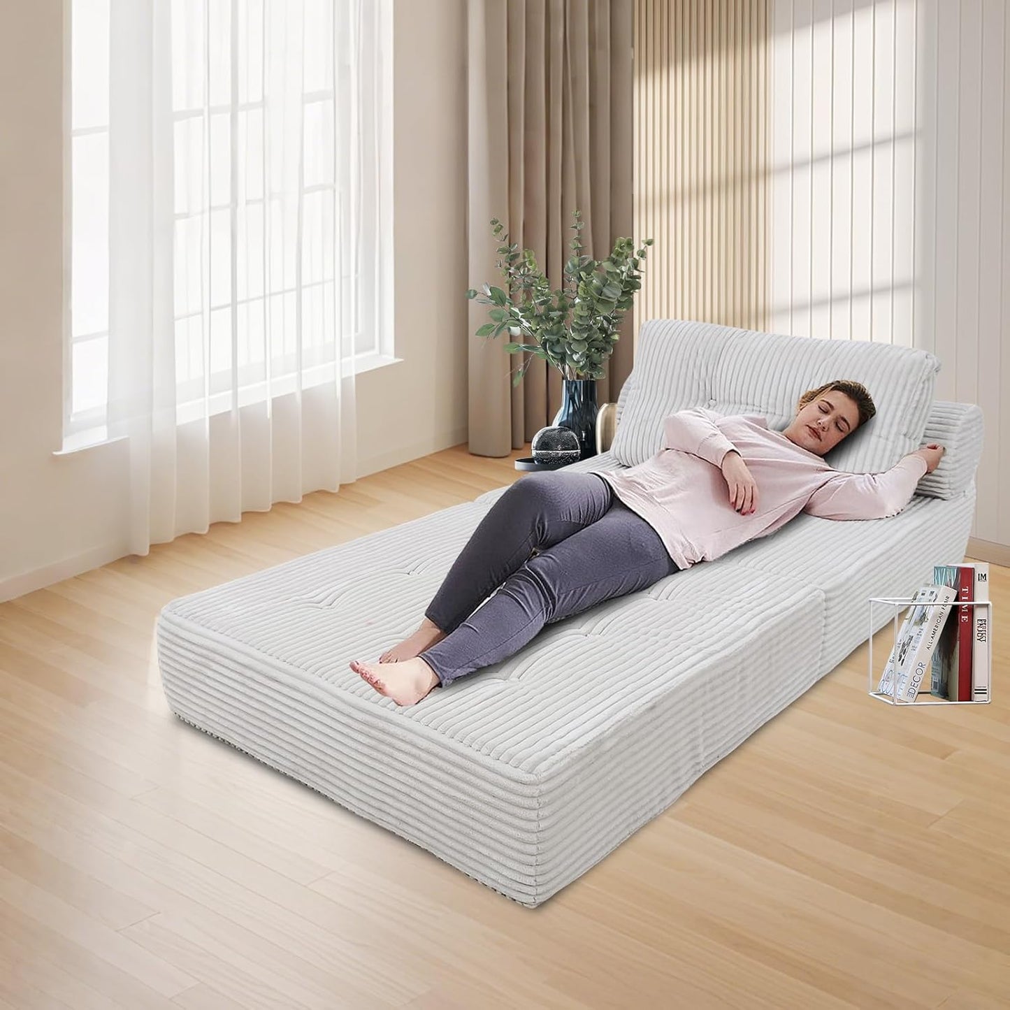 ANONER Folding Sofa Bed, Versatile Convertible Sleeper Chair with Pillow, Futon Fold Out Chair Bed, Memory Foam Chaise Lounge, Cozy Floor Couch for Living Room and Bedroom, Beige