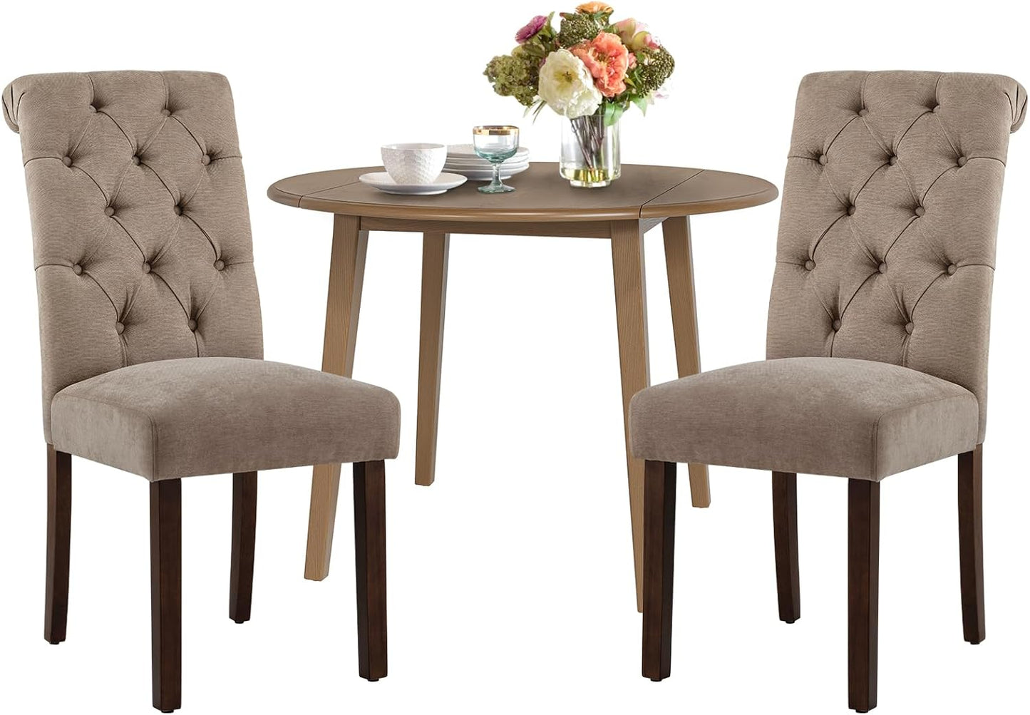 COLAMY 3-Piece Extendable Dining Table Set for 2, 36" Kitchen Round Wood Table with 2 Tufted Dining Room Chairs,Light Brown/Taupe