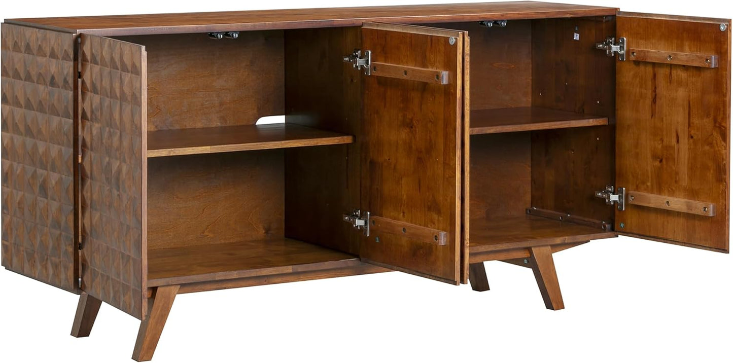 NTC Sapa Mid-Century Modern Solid Wood Sideboard – 4-Door Accent Buffet Cabinet with Carved Geometric Fronts, for Living Room, Dining Room, or Entryway, Effortless Assembly, Dark Walnut