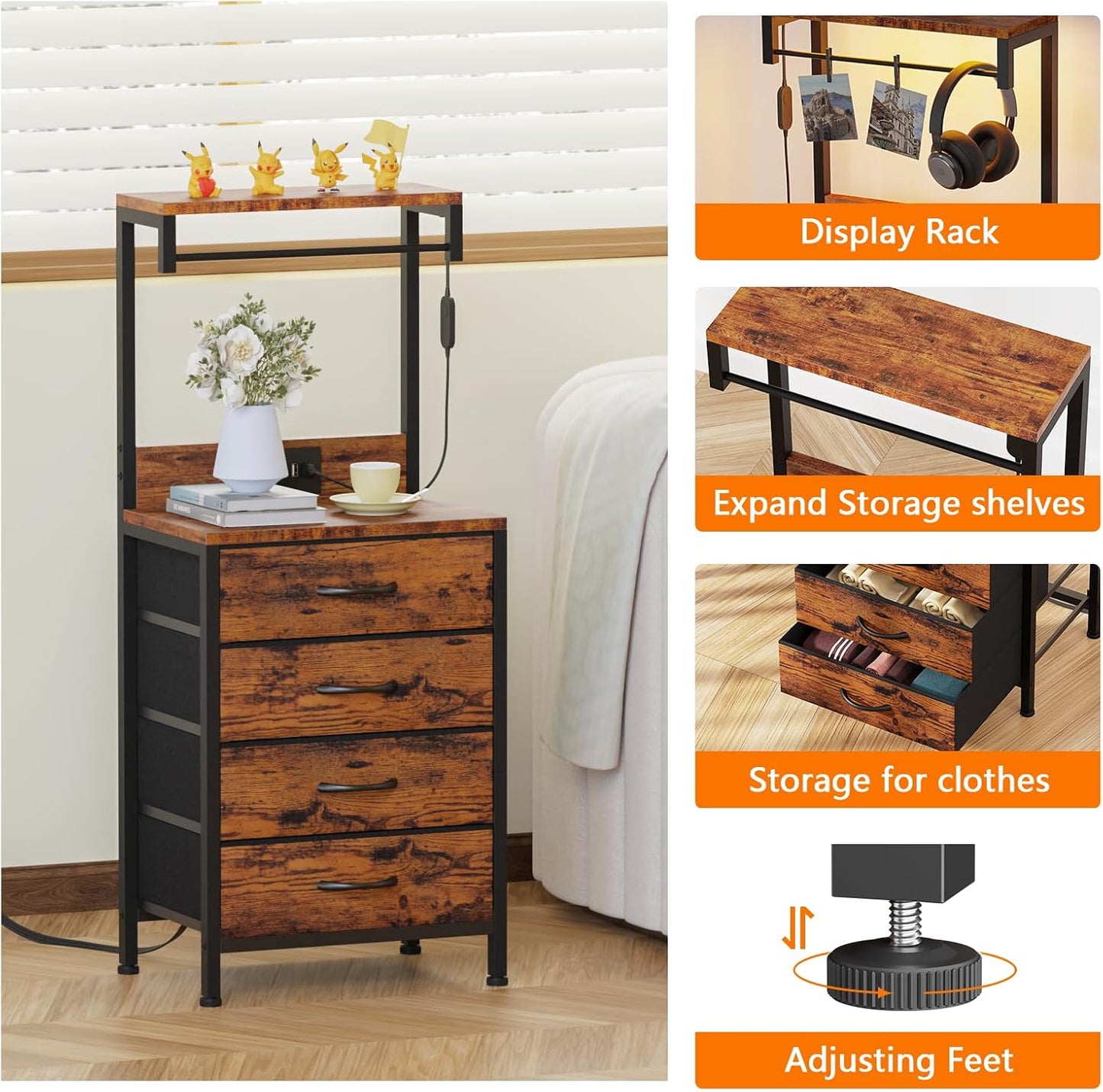 Furnulem Night Stand with Charger Station, 38'' Tall Nightstand with 4 Fabric Drawers and LED Lights, Bedside Table with Storage Shelf for Bedroom, Office, Metal Frame, Wood Shelves, Rustic Brown