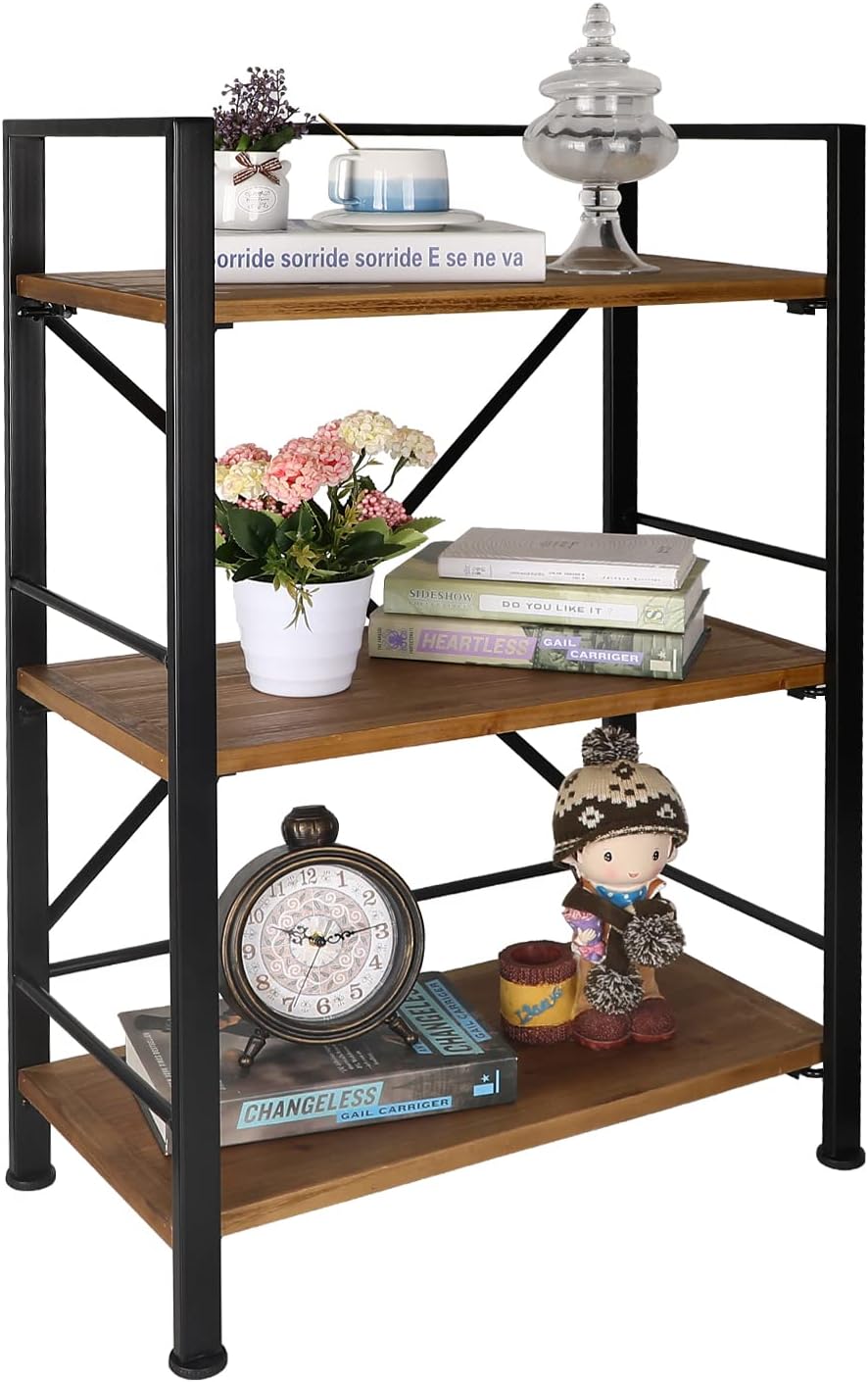 Crofy Rustic Bookshelf, 3 Tier Real Wood Bookshelf, Metal Book Shelf for Storage, Black Bookcase, 12.6" D x 23.62" W x 36.61" H