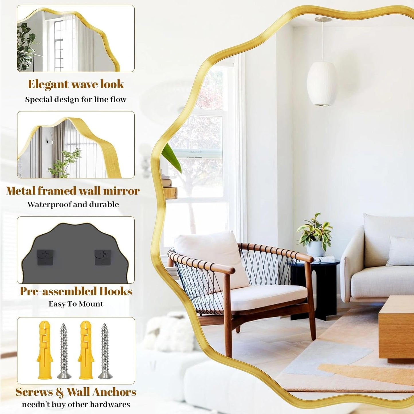 Round Wavy Mirror, 20 Inch Metal Frame Circle Mirror, Round Wall Mounted for Entryway, Bathroom, Vanity, Living Room, Gold