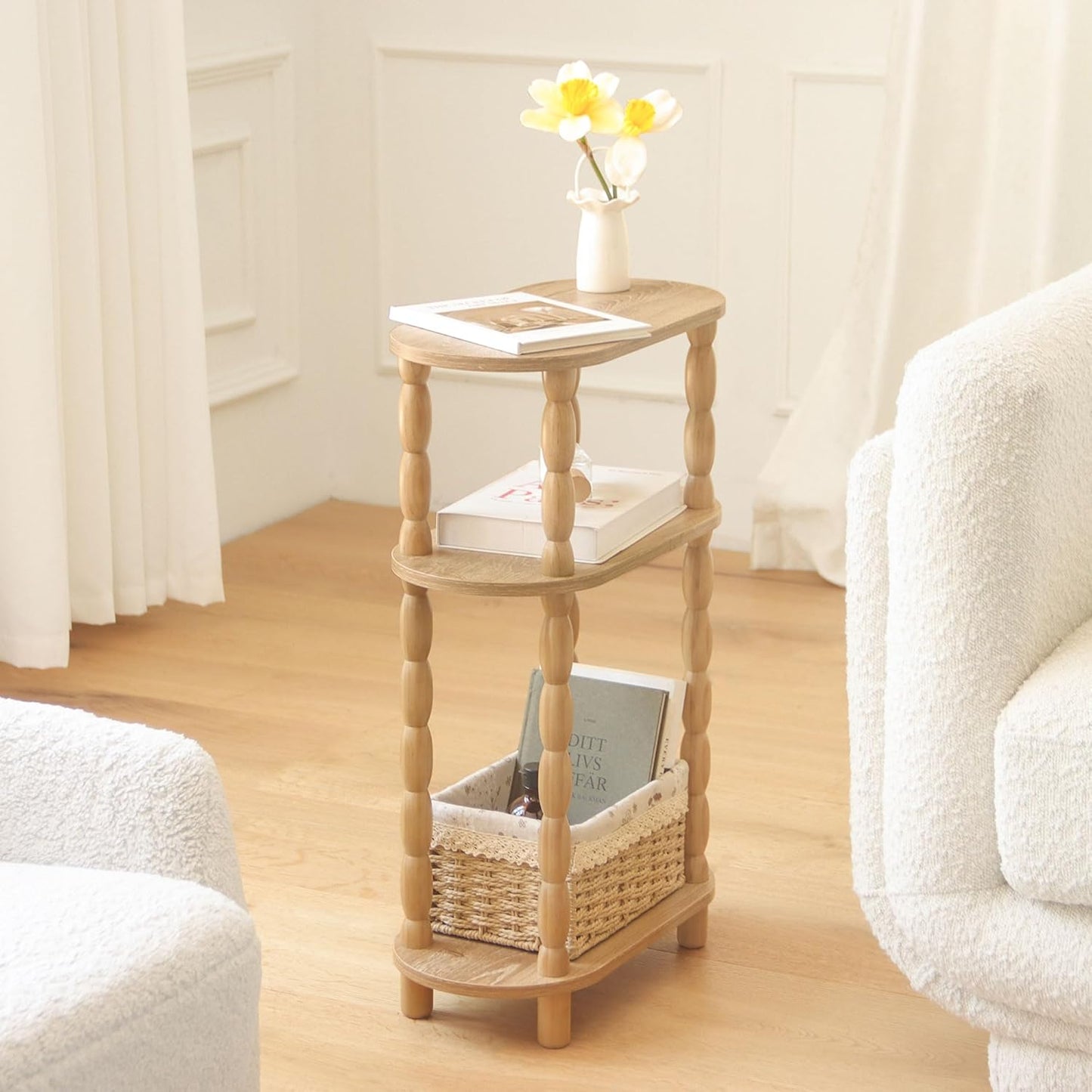 MaxSmeo Narrow Side Table, Small End Table with 3-Tier Open Shelf, Slim Bedside Table Nightstand for Small Spaces, Bedroom, Living Room (Rustic Walnut)