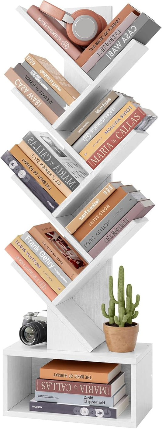 Hoctieon 6 Tier Tree Bookshelf, Tall Bookcase with Drawer, Freestanding Book Shelf, Display Floor Standing Storage Shelf, Book Organizer Shelves for Home Office, Living Room, Bedroom, White