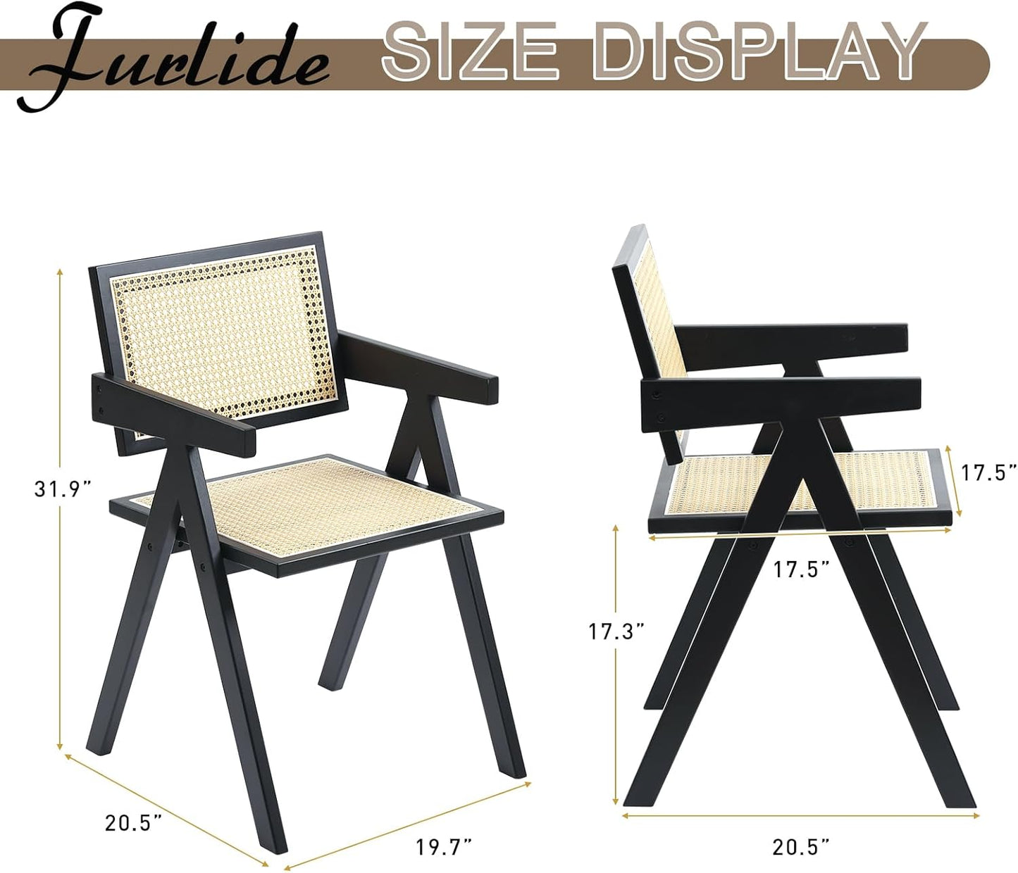 Rattan Dining Chairs Set of 2, Modern Mid Century Dining Chairs with Arms, Outdoor Bamboo Chairs for Bedroom, Living Room, Reading Room, Black